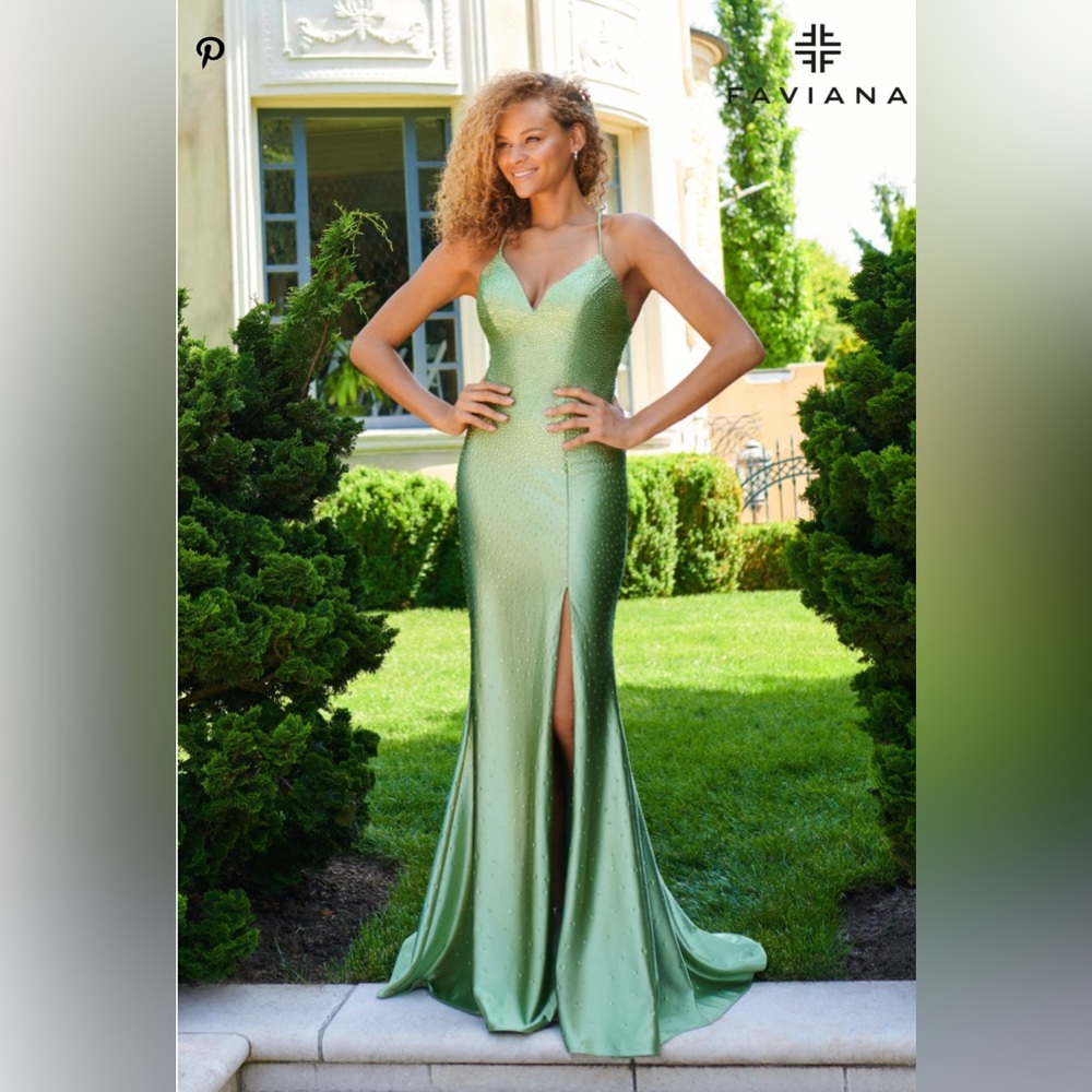 Faviana Sage green fully beaded open back dress